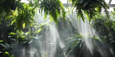 Overhead misting system, enveloping a cluster of hanging ferns in a fine spray, photo