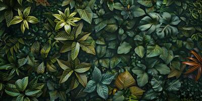 Overhead view of a dense jungle floor, covered with a carpet of broad, glossy leaves, photorealistic photo