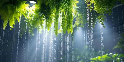 Overhead misting system, enveloping a cluster of hanging ferns in a fine spray, picture photo