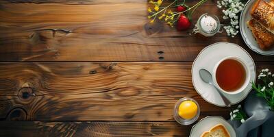 Overhead shot of cozy breakfast table with copy space on one side, photography photo