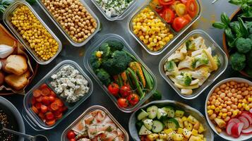 Overhead shot of containers with balanced mix of proteins carbs vegetables on table, photography photo