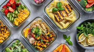 Overhead shot of meal prep containers with pasta salad grilled vegetables and fresh fruit, photorealistic photo