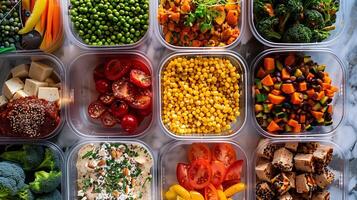 Overhead shot of containers with balanced mix of proteins carbs vegetables on table, picture photo
