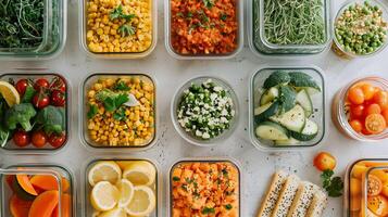 Overhead shot of containers with balanced mix of proteins carbs vegetables on table, photo