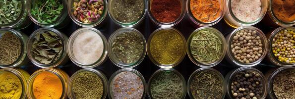 Overhead view of a diverse array of spices and herbs in small labeled jars, photo