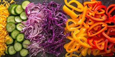 Overhead view of a rainbow salad with chopped vegetables like red cabbage, carrots, bell peppers, cucumbers, photography photo