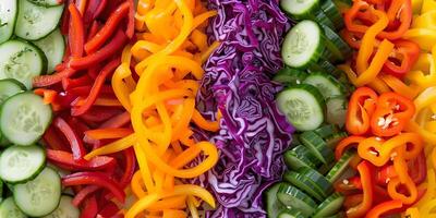 Overhead view of a rainbow salad with chopped vegetables like red cabbage, carrots, bell peppers, cucumbers, photo