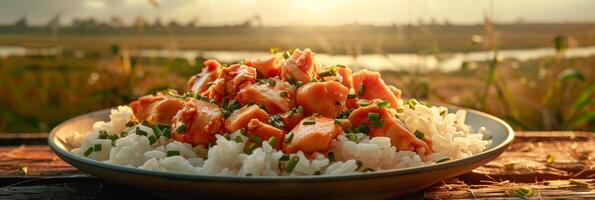 Ultra-realistic photo of a plate of rice with chicken on a wooden table, farm background with grassy plain and trees, warm light, photorealistic