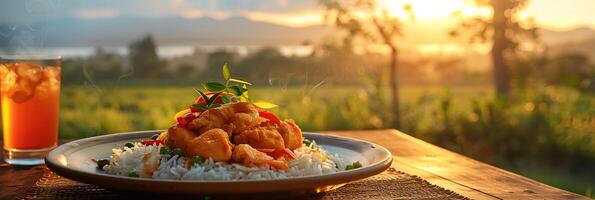 Ultra-realistic photo of a plate of rice with chicken on a wooden table, farm background with grassy plain and trees, warm light, photography