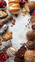 Bakery items arranged in the corner, isolated on a white background, picture photo