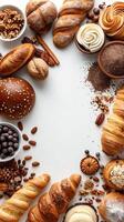 Bakery items arranged in the corner, isolated on a white background, photo