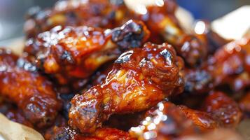BBQ chicken wings glistening with sauce stacked high on a tray lined with parchment paper ready to be devoured, photorealistic photo