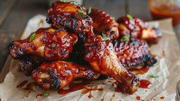 BBQ chicken wings glistening with sauce stacked high on a tray lined with parchment paper ready to be devoured, photography photo