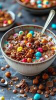 Candy bar cereal with milk in a cereal bowl and spoon, photography photo