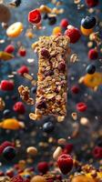 Close-up of granola bars and fruit falling, photo