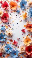 Carnival decorations on a white surface with a big empty space in the center, top-down view, picture photo