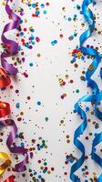 Carnival decorations on a white surface with a big empty space in the center, top-down view, photorealistic photo