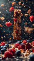 Close-up of granola bars and fruit falling, photorealistic photo