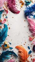 Carnival decorations on a white surface with a big empty space in the center, top-down view, photorealistic photo