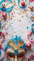 Carnival decorations on a white surface with a big empty space in the center, top-down view, photography photo