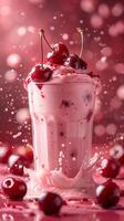 Cherry milkshake splashed with cherries, pink and red milk background splashes, photorealistic photo