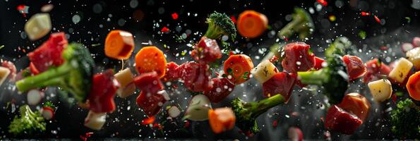 Cinematic low-angle shot of carrots, broccoli, and red meat pieces flying against a black background, photography photo