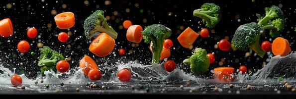 Cinematic low-angle shot of carrots, broccoli, and red meat pieces flying against a black background, photorealistic photo
