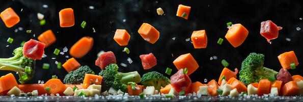 Cinematic low-angle shot of carrots, broccoli, and red meat pieces flying against a black background, picture photo