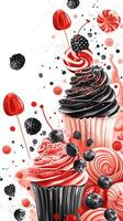 Whimsical cupcake border in Candyland style with lollipops and marshmallows in crimson and black on a white background, photography photo