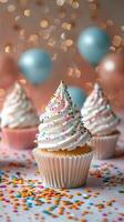 Clean birthday party objects on plain backgrounds, with copy space, photorealistic photo