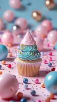 Clean birthday party objects on plain backgrounds, with copy space, picture photo