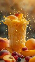 Elegant fluid explosion of peach juice shake with berries, flat peach color background, picture photo