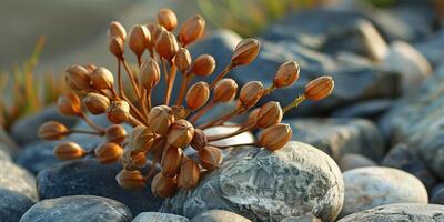 Cluster of small, tightly clustered seed pods resting on a bed of polished river stones, photorealistic photo