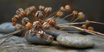 Cluster of small, tightly clustered seed pods resting on a bed of polished river stones, photo