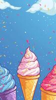 Colorful ice creams in cartoon style for a birthday scene with an empty area in the middle, blue palette, picture photo