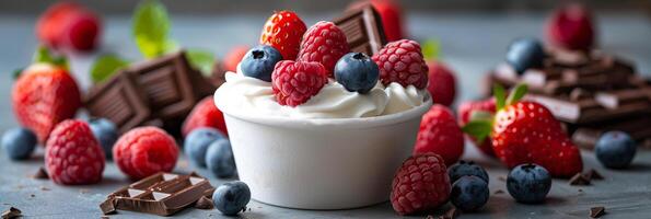 Frozen Yogurt cup filled with blueberries, strawberries, pirouline on top, top-down view, white background, fresh fruits and chocolates surrounding, photo