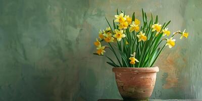 Compact display of yellow daffodils in a rustic, clay pot, photography photo