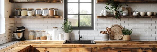 Cottage farmhouse kitchen with an empty wall for mockup frame art, front view, photo