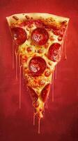 Classic New York-style pepperoni pizza on red gradient background, photorealistic photo