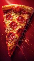 Classic New York-style pepperoni pizza on red gradient background, photo