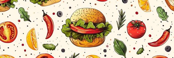 Card background design with western lunch pattern, light yellow main color, cartoon style, photo