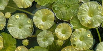 Small, circular pods attached to underside of floating aquatic plant leaves, photography photo