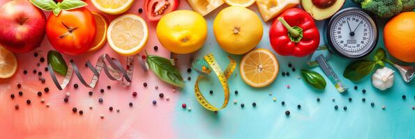 Diet program backdrop featuring a food scale, tape measure, and ruler, photography photo