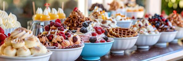 DIY dessert bar featuring build-your-own Belgian waffle sundaes, photorealistic photo