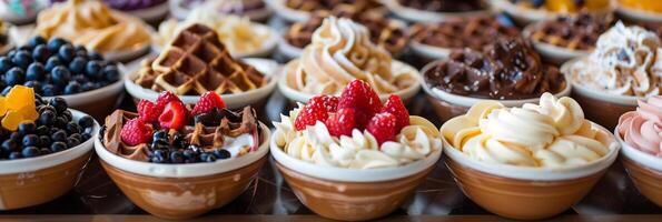 DIY dessert bar featuring build-your-own Belgian waffle sundaes, photography photo