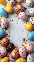 Drawing illustration with white center and scattered Easter chocolate eggs on sides, soft colors, intricate details, photography photo