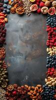 Dry fruits around the perimeter with empty space in the middle, photography photo