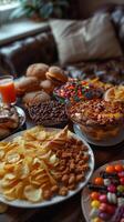 Eating various junk food on a couch, including chips, candy, pastries, soda, juice, photography photo