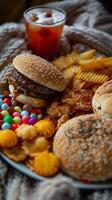 Eating various junk food on a couch, including chips, candy, pastries, soda, juice, photorealistic photo