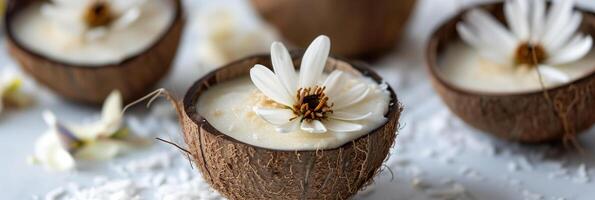 Eco-friendly coconut panna cotta served in compostable coconut shells, photorealistic photo
